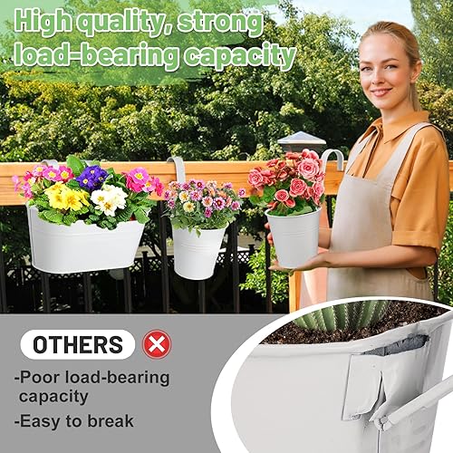Miniatura 3 de Macetas colgantes de metal, resistentes macetas colgantes de 10.6 pulgadas y 5.1 pulgadas para valla de barandilla, con agujeros de drenaje, maceta