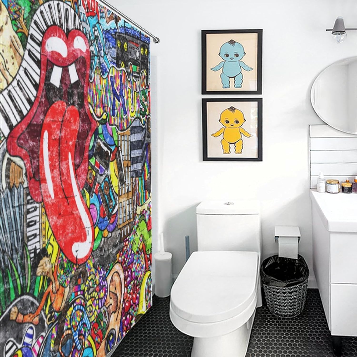 Graffiti Shower Curtain, Hip-Hop Street Culture Colorful Music Wall Graffiti Washable Waterproof Fabric Bath Curtains Set for Bathroom Decor Art with 12 Hooks - 60x72Inch（152x183cm）