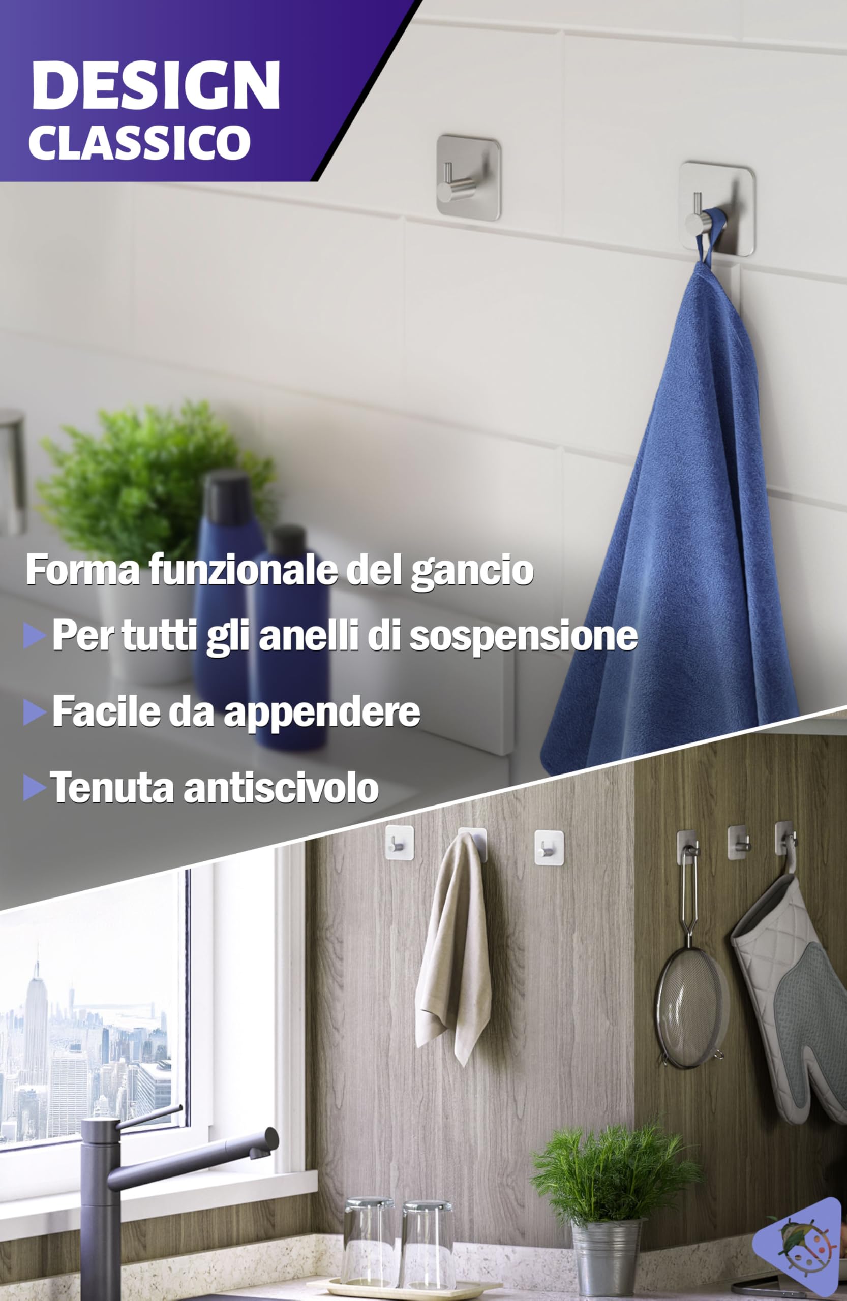 Menz Ganci Adesivi Bagno, Set di 4 - Adesivi Acciaio Inox di Alta Qualità, Appendi Porta Asciugamani Robusti, Appendi Accappatoio Bagno, Impermeabili per Cucina e Pareti, Argento