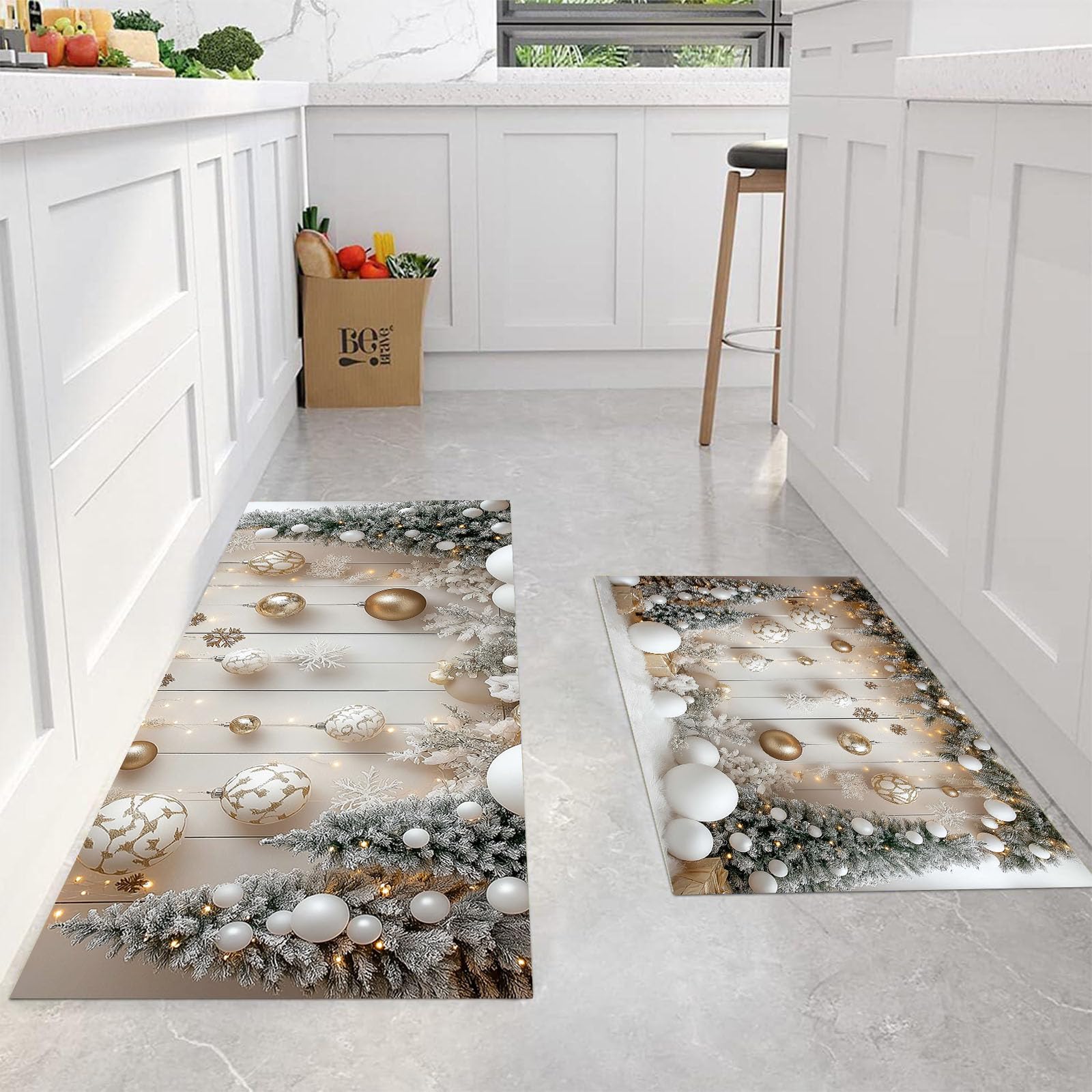 Set di 2 Tappeti da Cucina Sfondo Natalizio, Tappetini da Cucina Lavabili, Runner Antiscivolo Tema Del Festival Tappetino Assorbente per Ingresso, Beige,