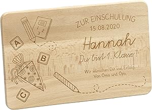 LAUBLUST Frühstücksbrettchen mit Gravur - Personalisiert mit DATUM | NAME | WIDMUNG - Buche Naturbelassen ca. 24 x 15 x 1 cm, FSC® - Schultüte Motiv - Schneidebrett zum Schulanfang