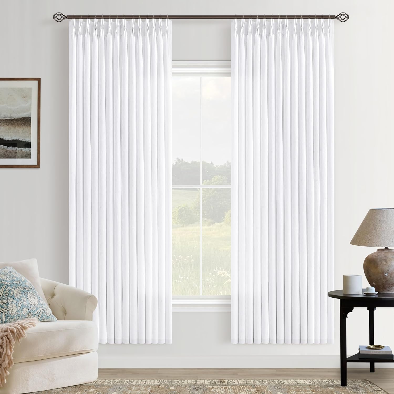 72 Inch White Pinch Pleated Linen Curtains 2 Panels for Living Dining Room Linen Textured Light Filtering Pinch Pleat Semi Sheer Drape Back Tab Snow White 72 Inch Window Curtains for Bedroom Cabin