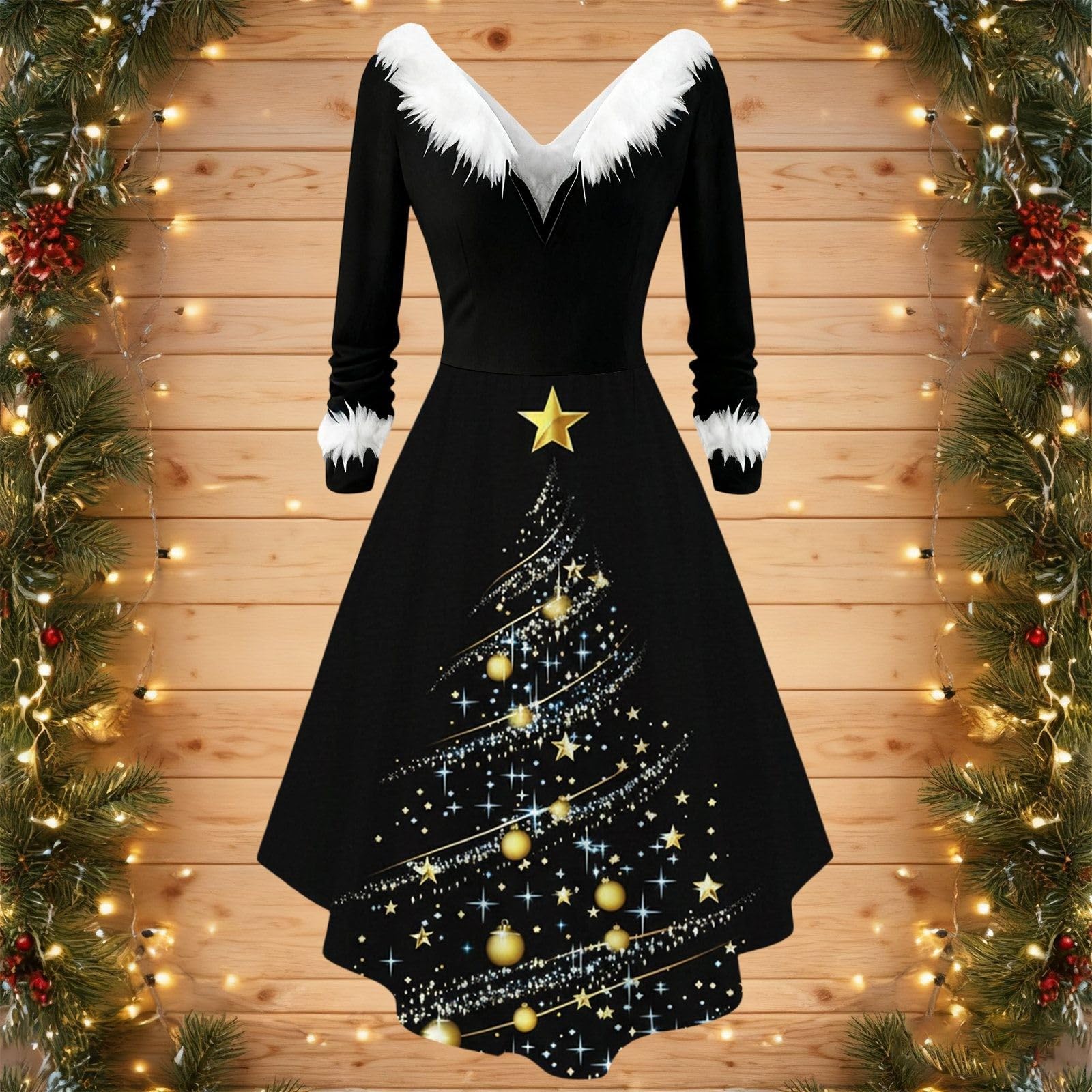 Elegante vestido de fiesta de manga larga con cuello para Navidad, para vacaciones, uso casual y comodidad fluida