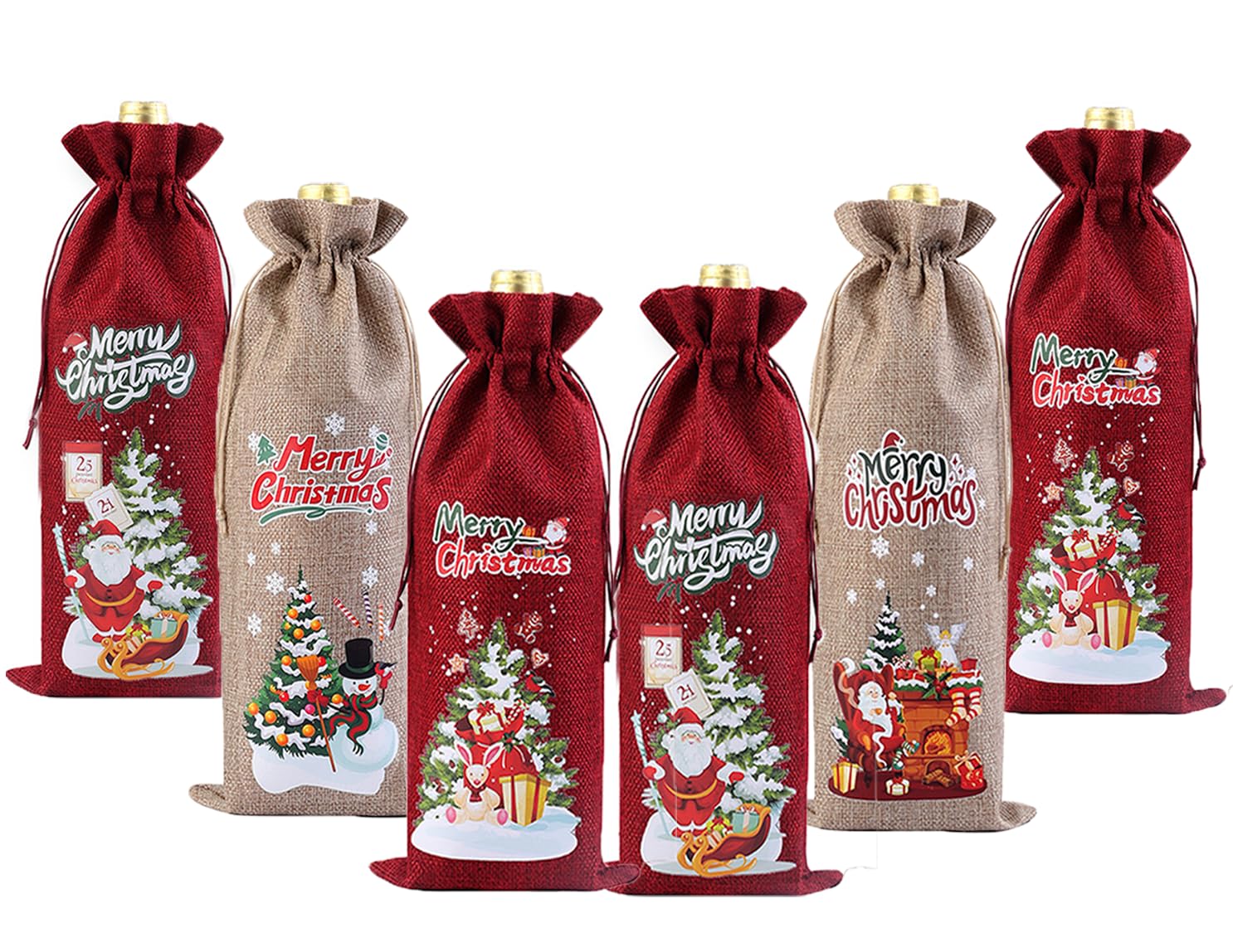 Posoto Burlap Wine Bags Decoration, 6 Pack Christmas Bottle Bags Hessian for Winter Holiday Party Supplies