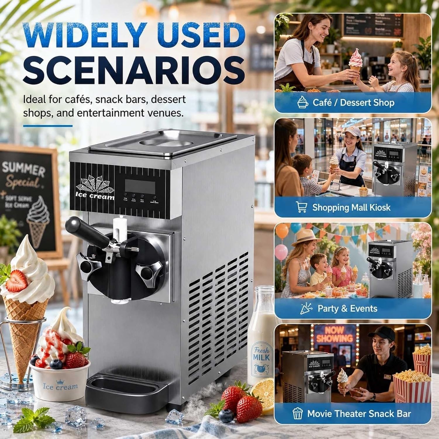 Lodówka do lodów soft serve 450W, maszyna do lodów 4-5 l/h z panelem LCD, samooczyszczanie, automat do lodów ze stali nierdzewnej, do restauracji, kawiarni, skl, Orange