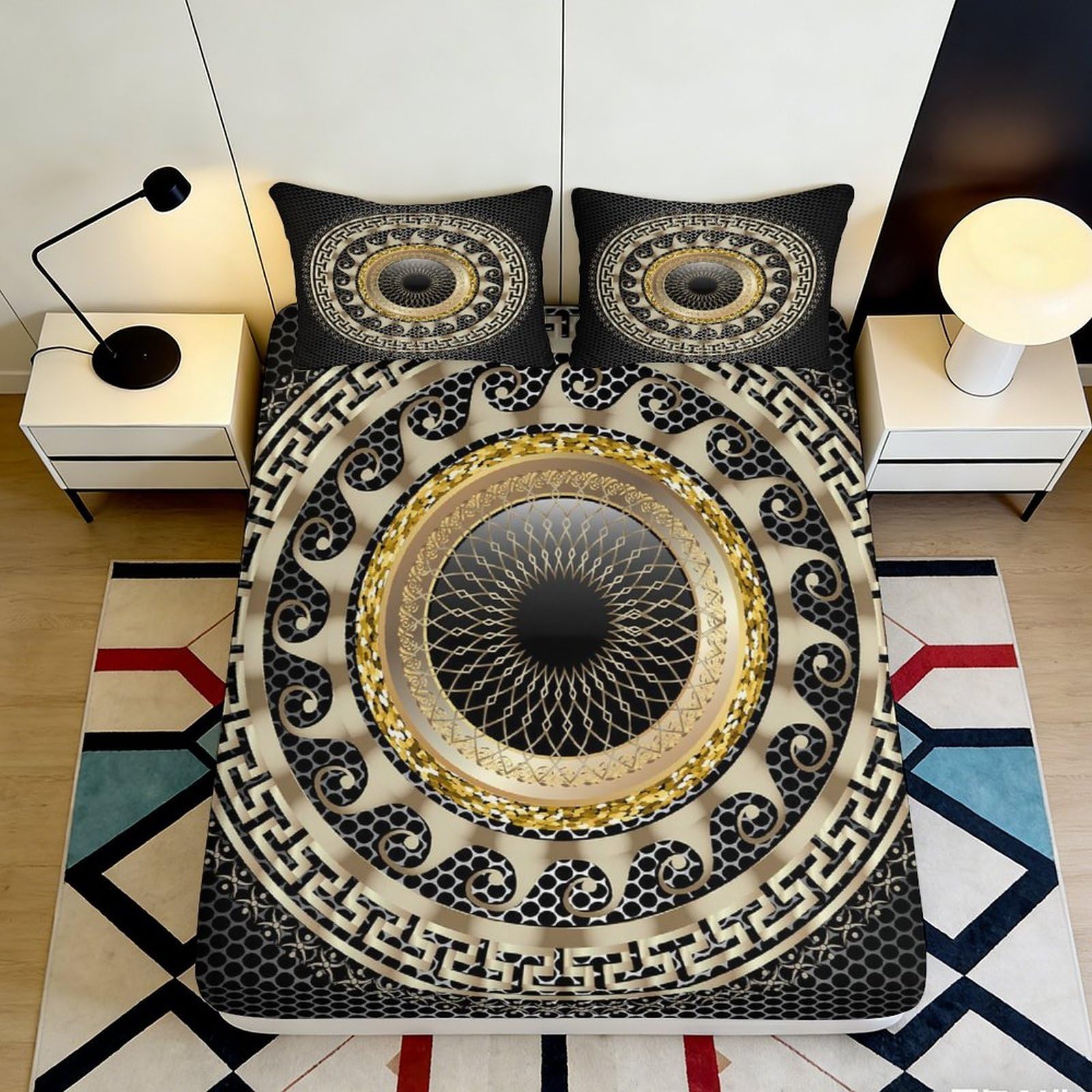3D Printed Mandala Microfiber Fitted Sheet Deep Pocket Non-Slip Mandala Mattress Fitted Cover Bedroom Washable 200x200x25cm