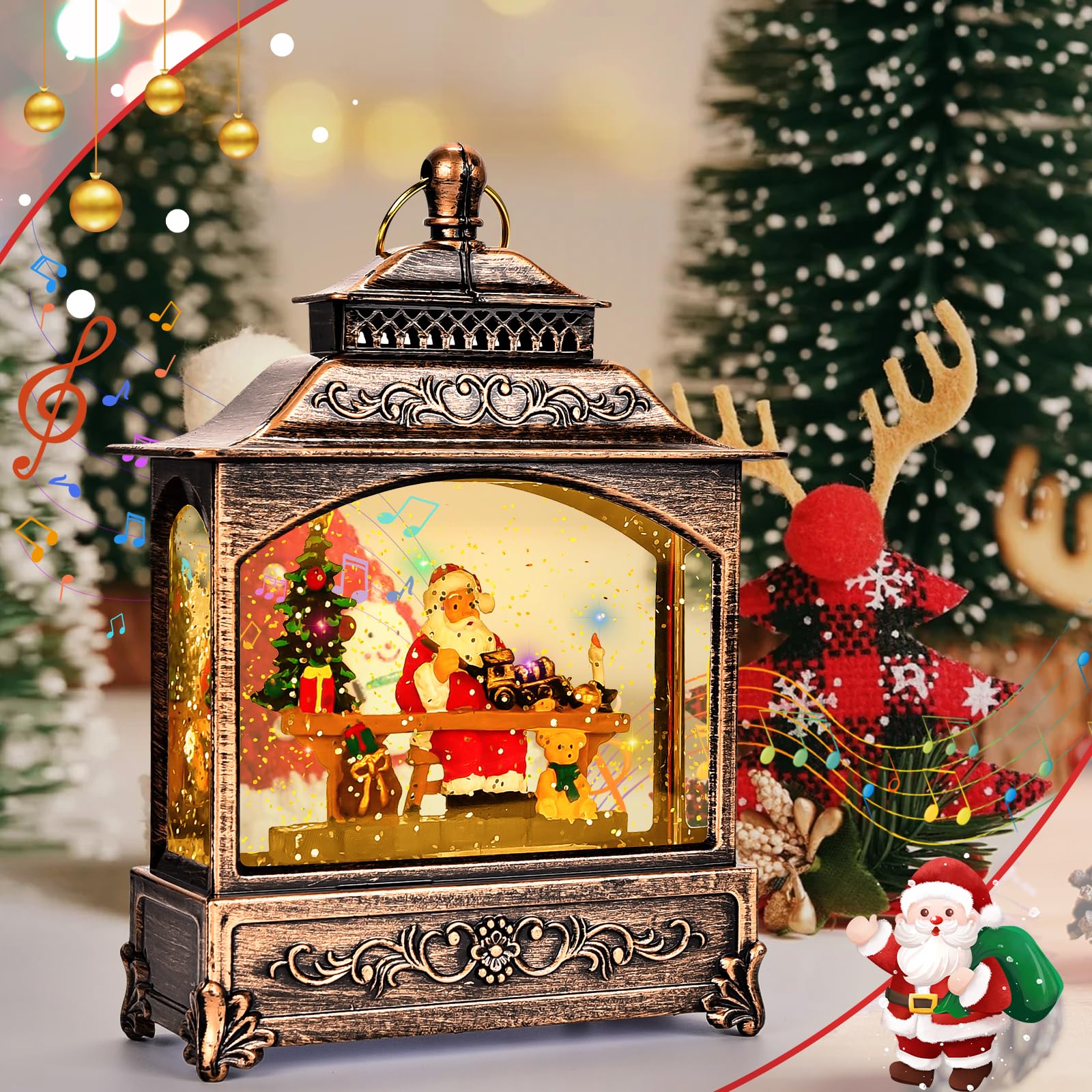Joellfuner Weihnachts Schneekugel Laterne, Weihnachtslaterne mit Schneegestöber Musik & Licht USB/Batteriebetriebene, Schneekugel Laterne Wasserlaterne Geschenk für Weihnachtsdeko(B-Weihnachtsmann)