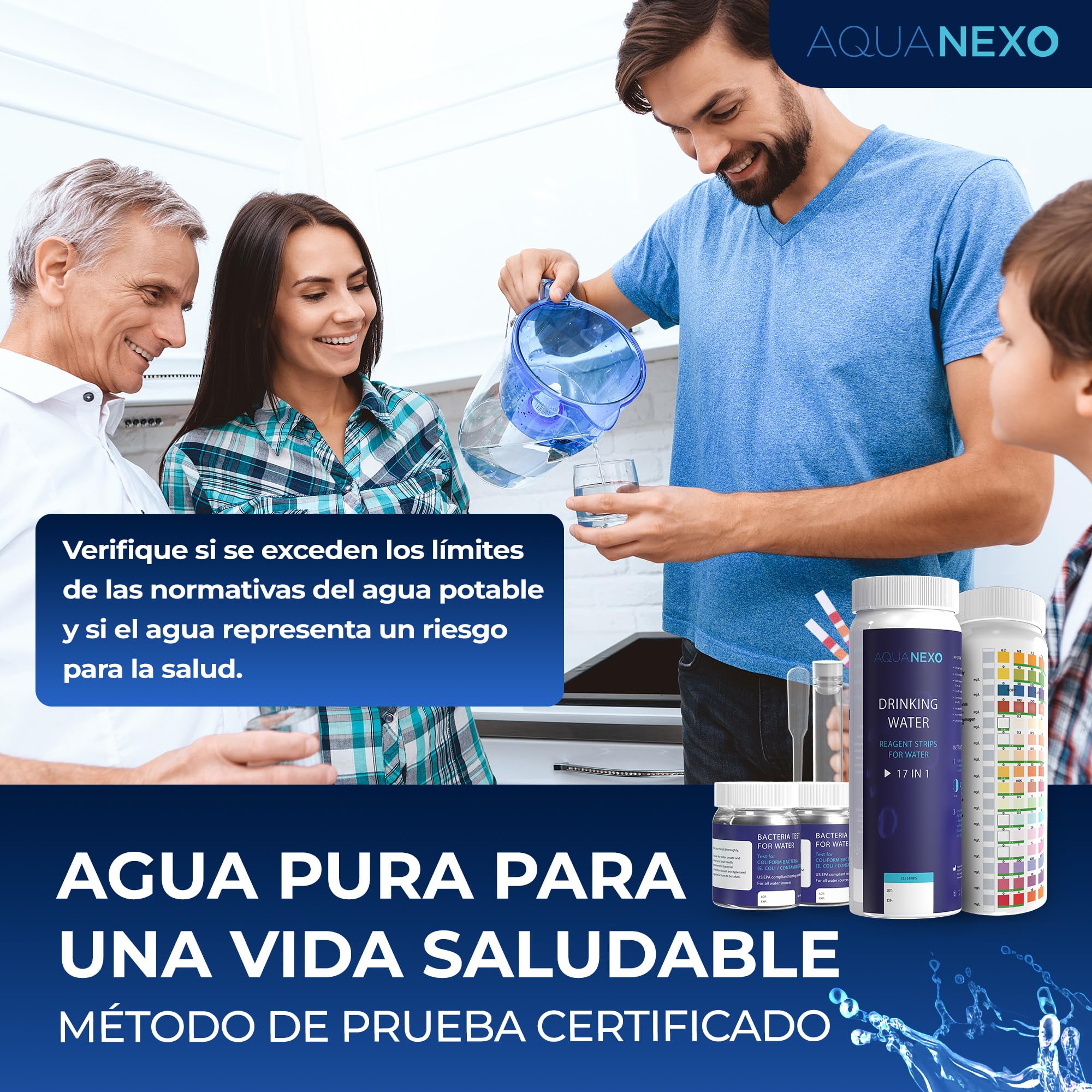 21 parámetros, 125 + 20 tiras de prueba de agua potable + 2 x pruebas de bacterias coliformes, tiras de prueba de pH, probador de agua potable, medición de dureza del agua, prueba de dureza