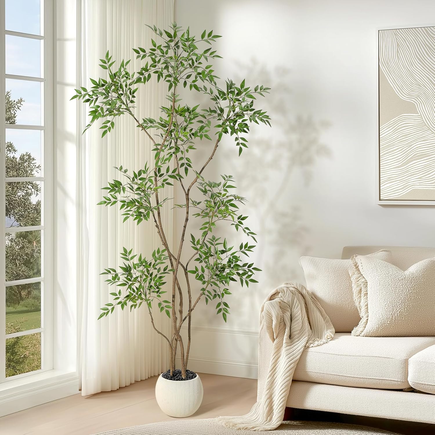 GarveeHome Artificial Plants Indoor,6 ft Tall Faux Floor Plant in Pot, Nandina Artificial Tree with White Planter for Home Decor Office Living Room