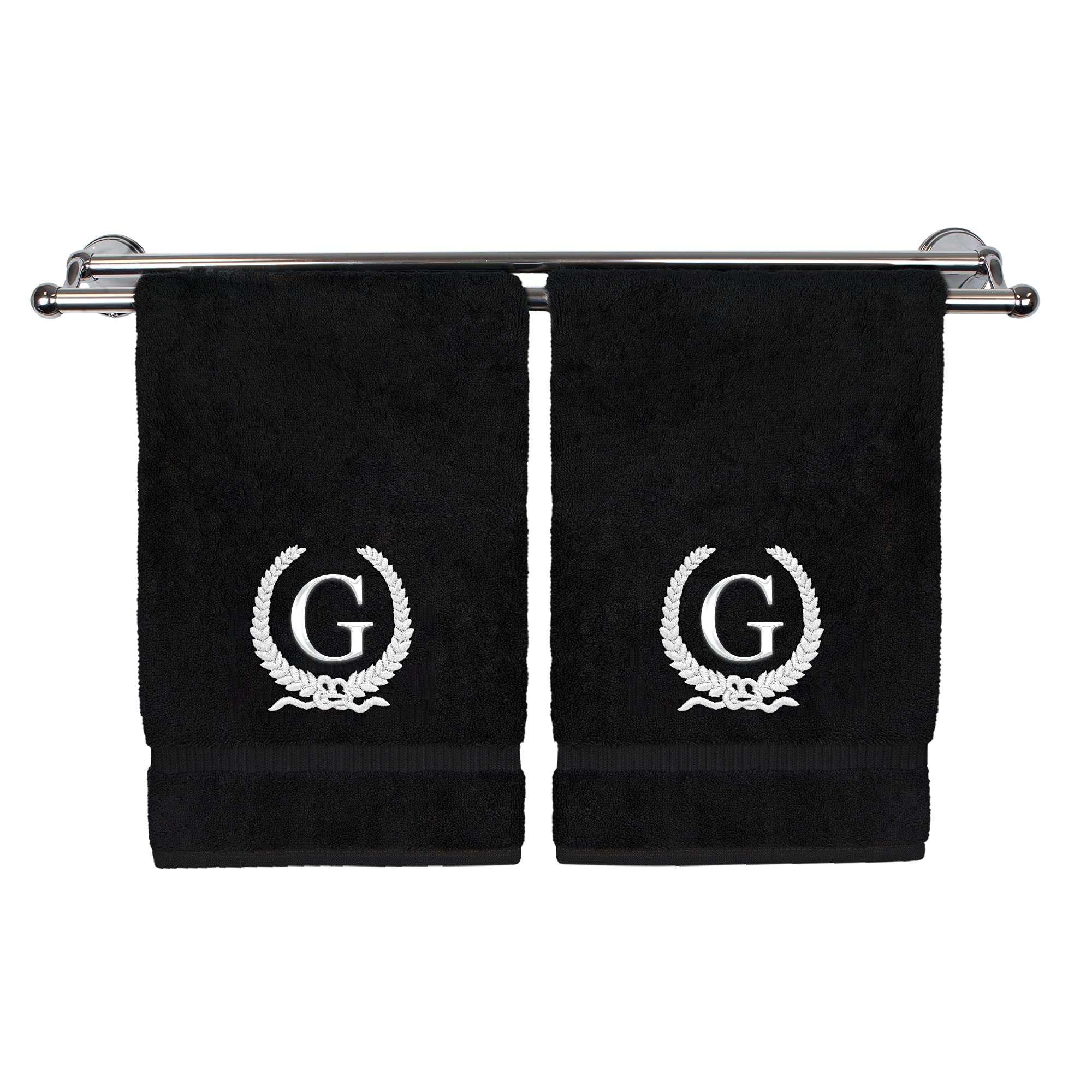 Monogrammed Hand Towel, Personalized Gift, 16 x 30 Inches - White Letter Embroidered with Wreath Design on Black Towel - Extra Absorbent - 100%