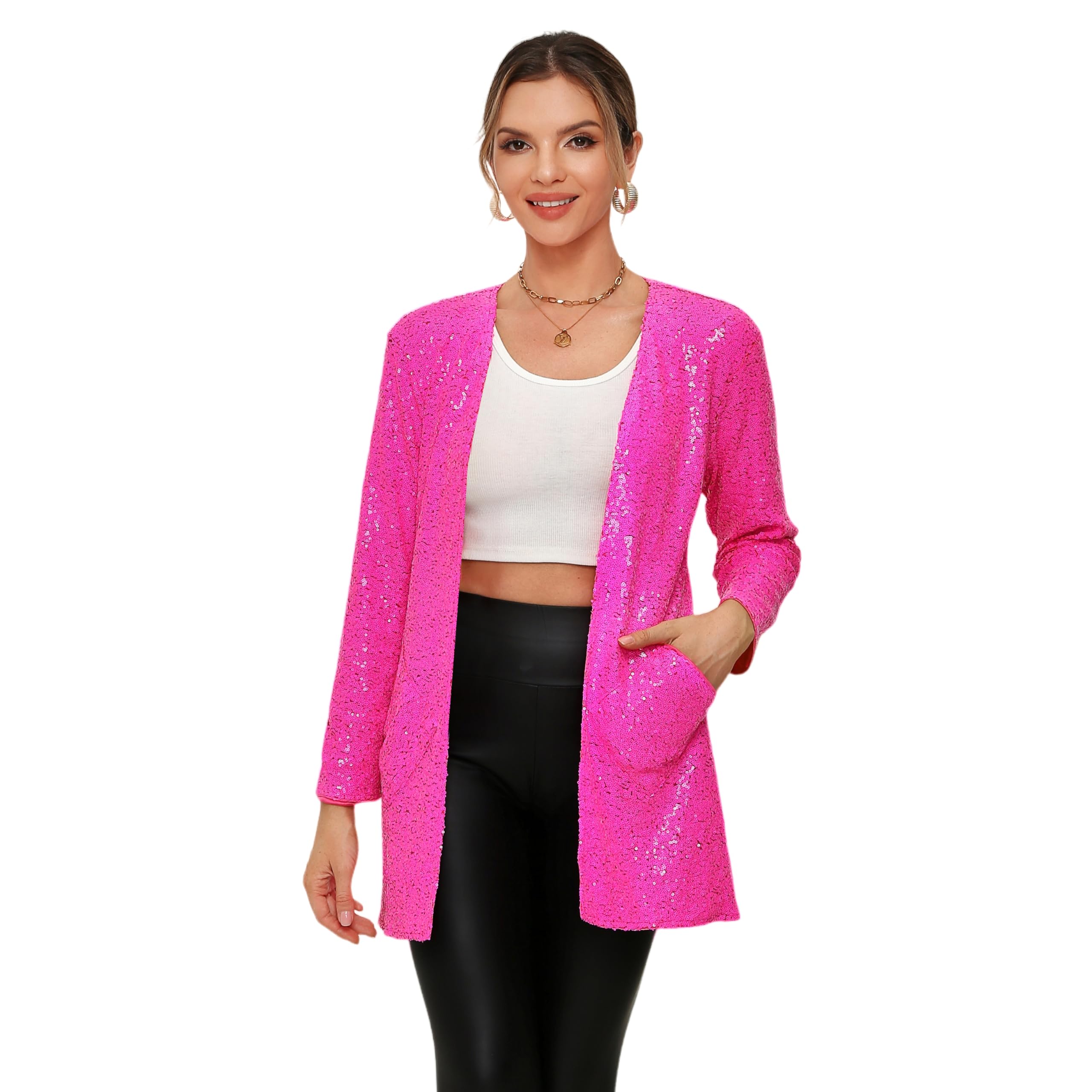 THANKPEARL Women's Sequin Jacket Long Sleeve Open Front Blazer Glitter Sparkly Coat Party Casual Cardigan