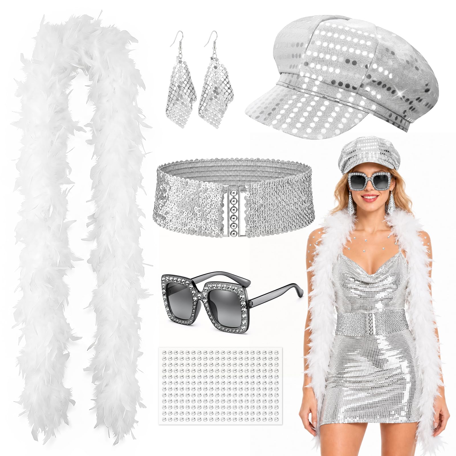 Oerphh 5Pcs Disco Costume Set for Women - 70s Disco Accessories with Sequin Hat Sunglasses Feather Boa,Abba Fancy Dress Kit (silver)
