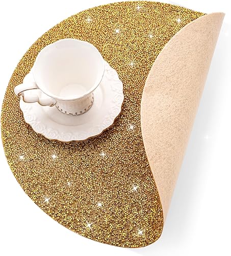 Miniatura 6 de Juego de 4 manteles individuales dorados con diamantes triturados redondos para Halloween, Navidad, para centro de mesa, cocina, fiesta, decoración