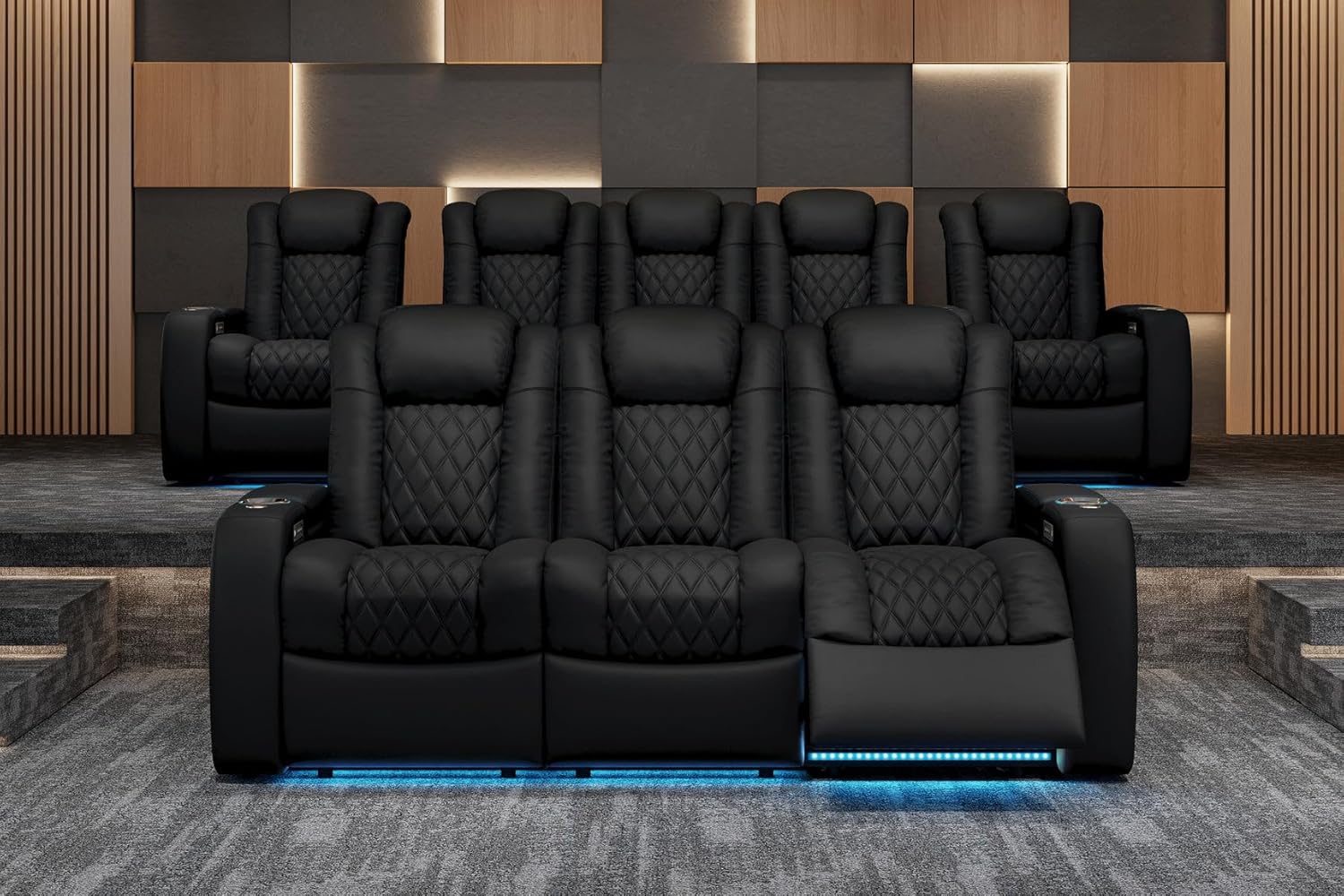 Valencia Tuscany Float Zero Gravity Home Theater Seating with Heat & Massage, Nappa Leather Power Recliner with Headrest & Lumbar (Row of 3 Loveseat Left, Onyx)