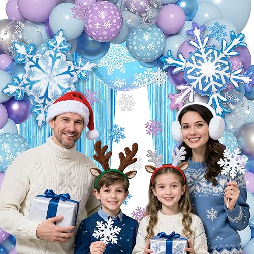 Miniatura 5 de Ouddy Life Kit de arco de guirnalda de globos de Frozen, decoración de fiesta de cumpleaños congelada, cortina de flecos, confeti azul, morado,