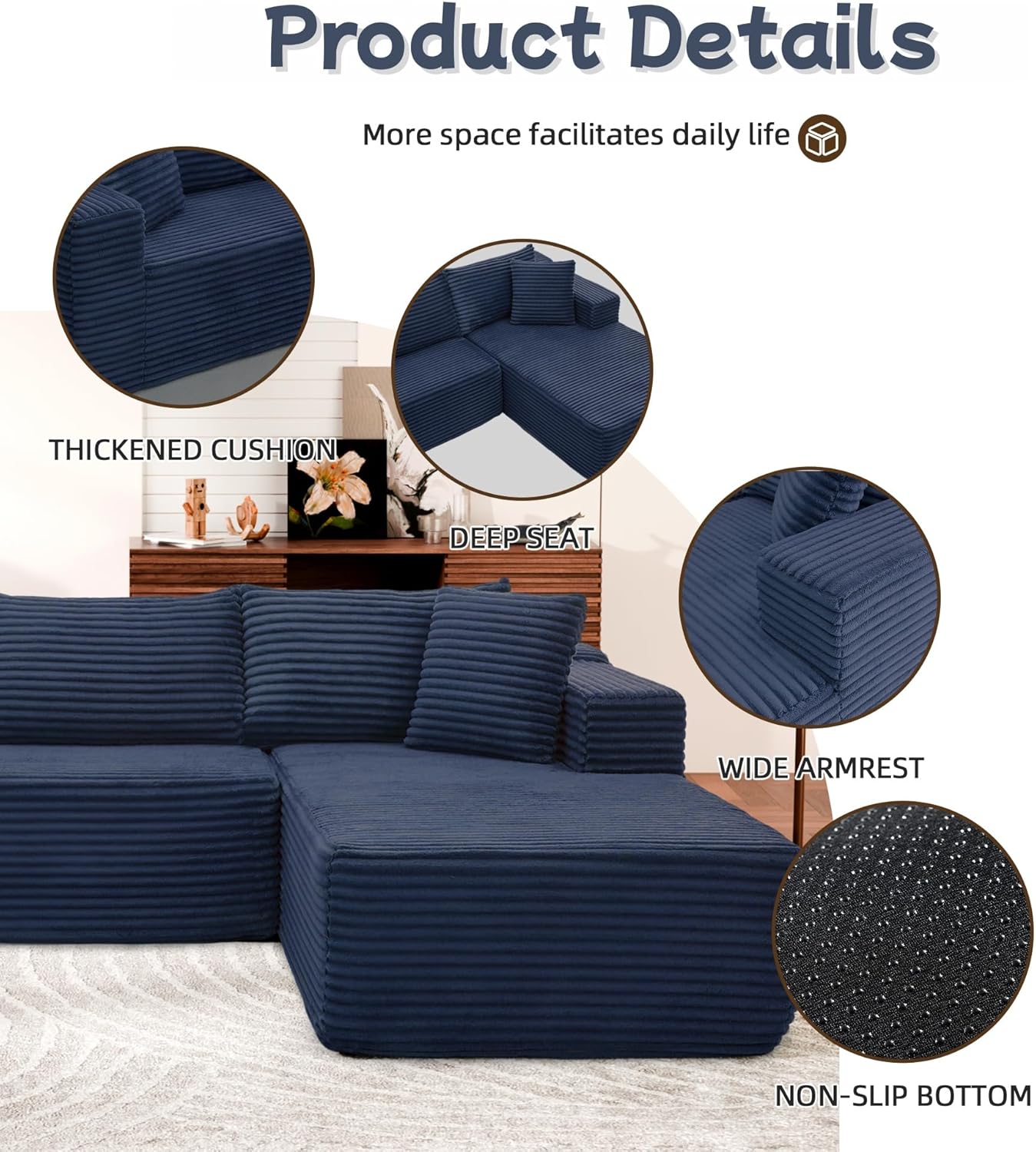 Cloud Sectional Couch, 105” Fluffy Modular L-Shape Sofa with Left Chaise Lounge, Modular Sectional Sofa in a Box, Boneless Couch for Living Room, No Assembly Required, Flannel Blue