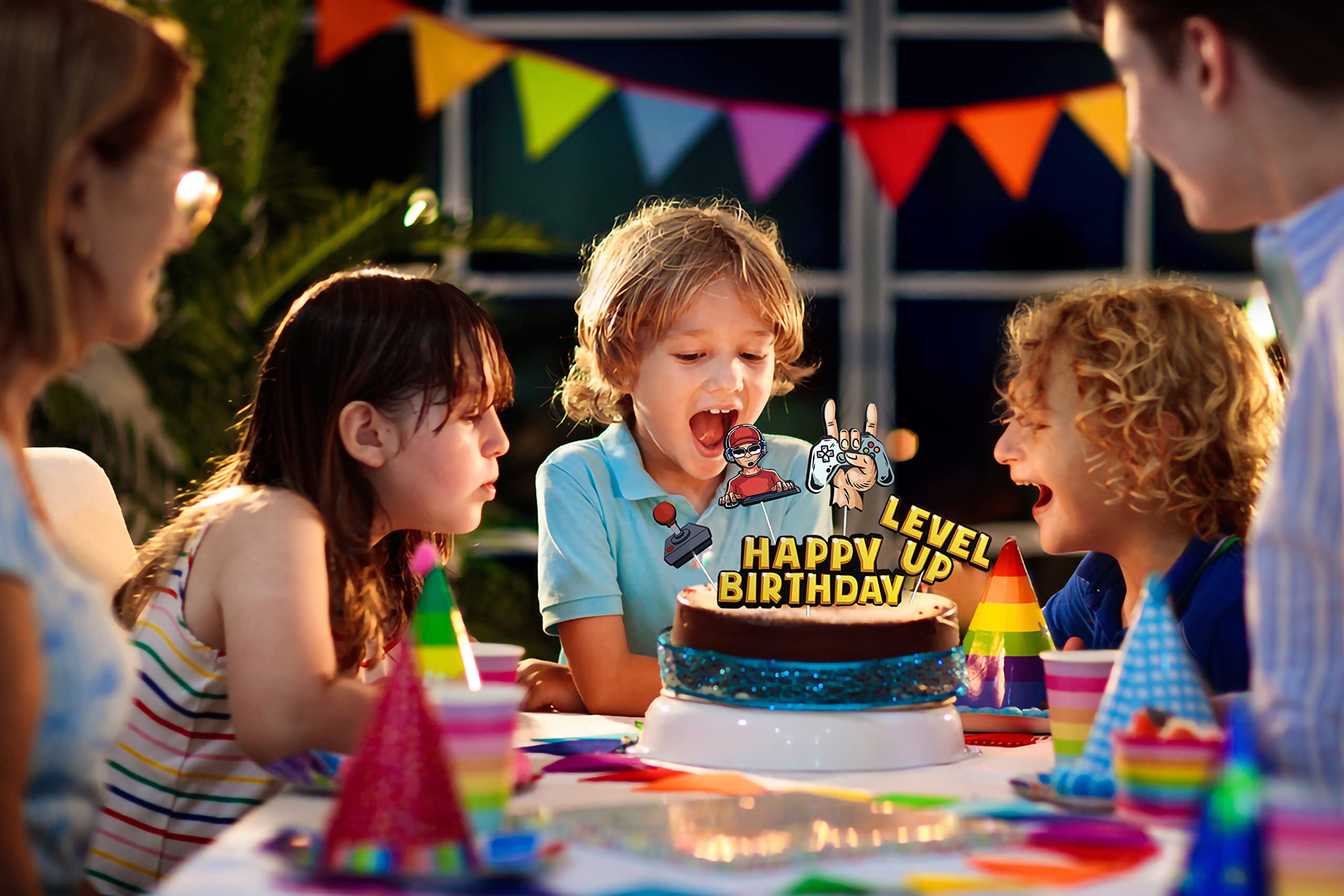 Decorazione per torta di compleanno, gioco a tema, decorazione per torta Happy Birthday, videogiochi, cupcake, topper con bastone di carta per cibo, compleanno, accessorio per torta per ragazzi e