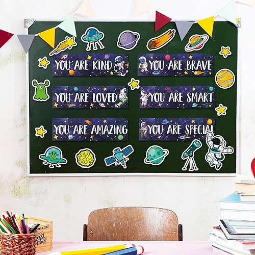 Miniatura 3 de Whaline Juego de 30 pósteres espaciales, citas inspiradoras, planeta, astronauta, cohete, meteoro, juego de recortes de meteoros, tablero de