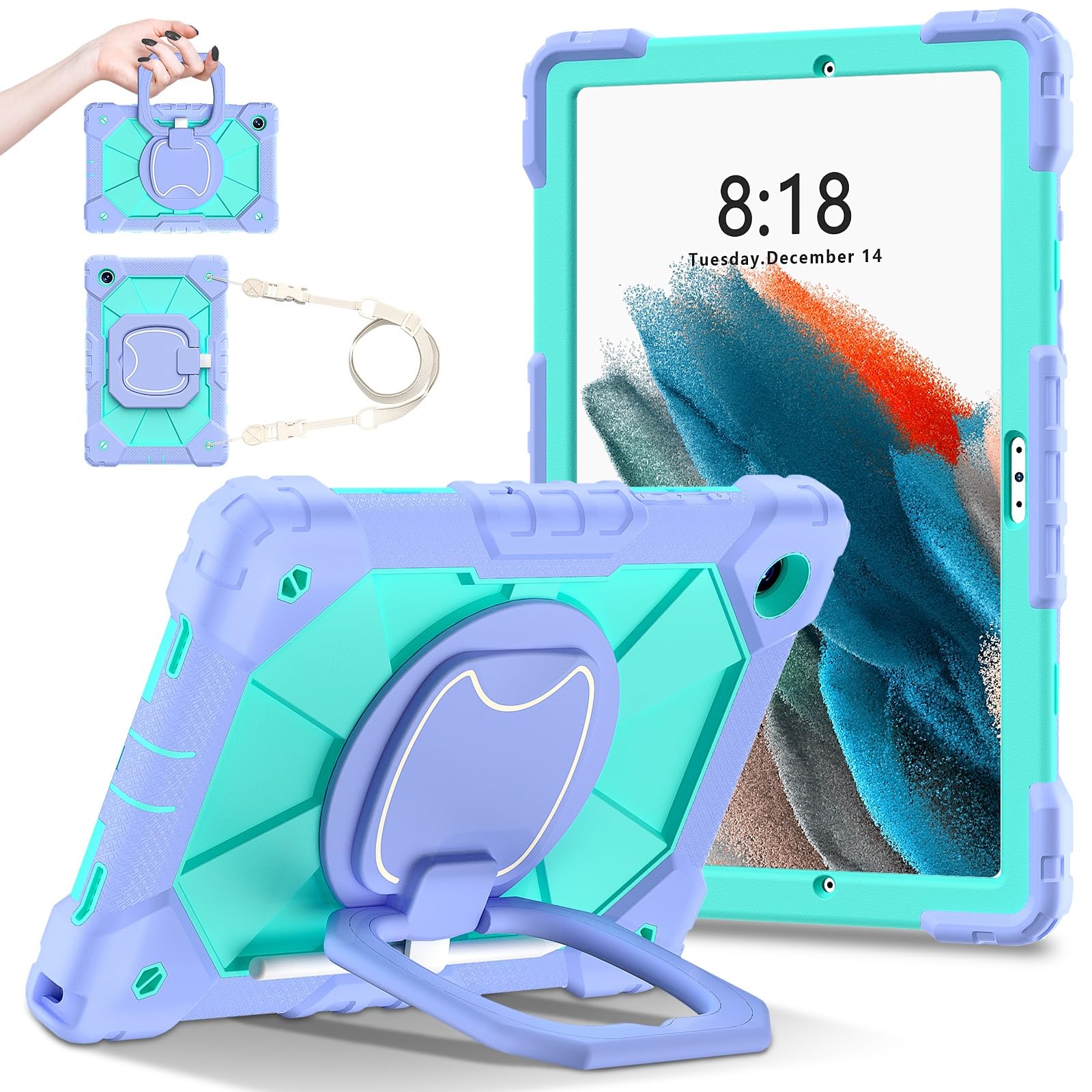 Pełne etui ochronne Etui na tablet kompatybilne z Samsung Galaxy Tab A8 10,5 cala X200 / X205 (2021) Wytrzymałe, odporne na wstrząsy etui ochronne W 360 Obrotowa podpórka + pasek na rękę + pasek na ra