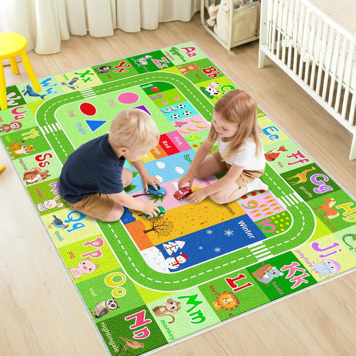 Alphabet Rugs for Kids Playroom - ABC Rug for Classroom with ABC Alphabet,Animals Colors,ABC Carpet for Children Playroom Cartoon Kids Play Mat for Bedroom Decor,Green,2.5x4 Feet