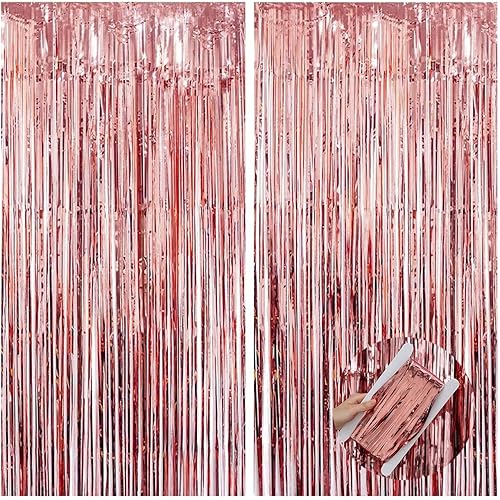 Miniatura 5 de Paquete de 2 cortinas de oropel de aluminio rojo (3.2 x 8.2 pies), cortinas de flecos metálicos con purpurina para decoración de fiestas