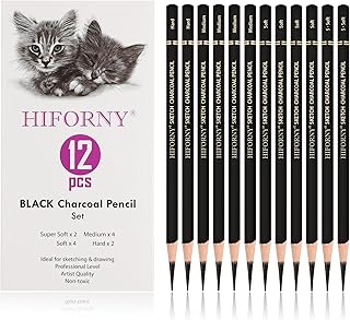 12 Pieces Charcoal Pencils Drawing Set - Super Soft,Soft,Medium and Hard Charcoal Pencils for Drawing,Sketching,Shading,Blending,Portrait
