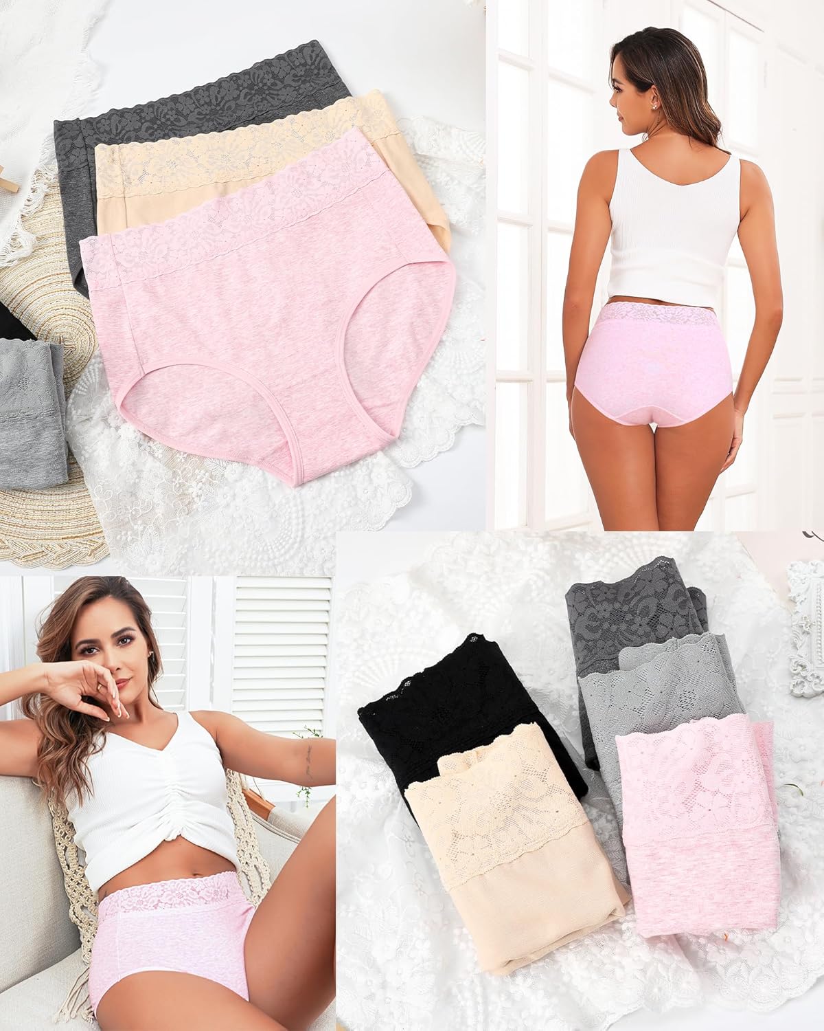 RHYFF Womens Underwear Cotton Lace Panties High Waist Panty Soft Breathable Ladies Hipster Full Coverage Briefs S-3XL - Image 2