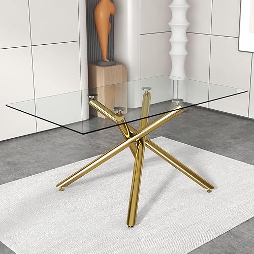 Miniatura 9 de Mesa de comedor de cristal de 71 pulgadas, mesa de comedor dorada para 6-8, mesa de cocina y comedor de gran tamaño con parte superior de vidrio