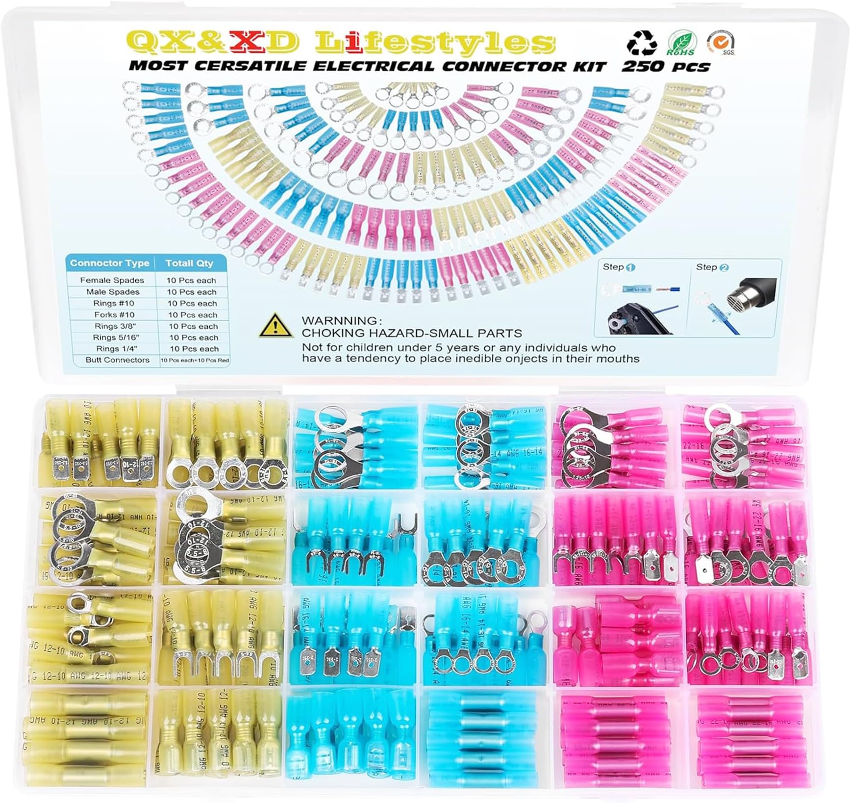 QX&XD 250PCS Heat Shrink Wire Connectors Kit, Waterproof Marine Grade Crimp Connectors, Tinned Copper Electrical Terminals, Butt Ring Fork Spade Hook, 22-10 AWG, 3 Colors