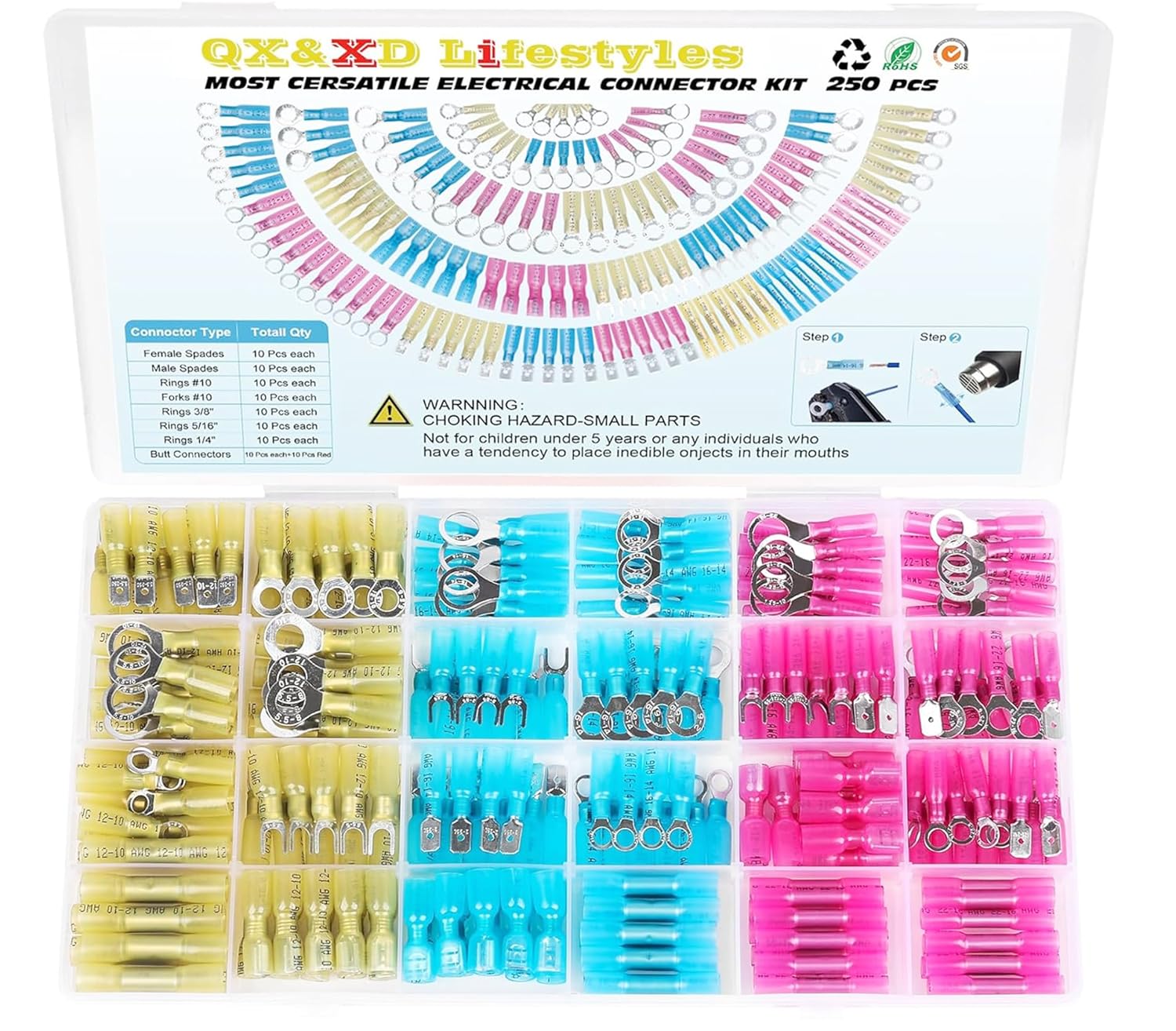 QX&XD 540PCS Heat Shrink Wire Connectors Kit, Waterproof Marine Grade Crimp Connectors, Tinned Copper Electrical Terminals, Butt Ring Fork Spade Hook, 22-10 AWG, 3 Colors