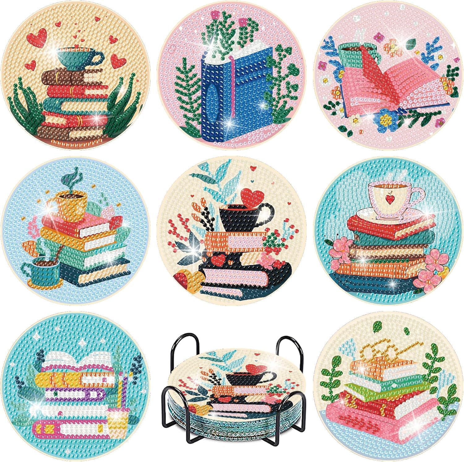 Jakener Bdal0033-Uk 8 Pcs Books Flower Diamond Art Painting Coasters Kits, Coaster With Holder For Adults, Non-Slip Diy Dot Paint Craft Kits,5D Full Drill Diy Diamond Dot Gem Art Kit Home Decor Arts Craft