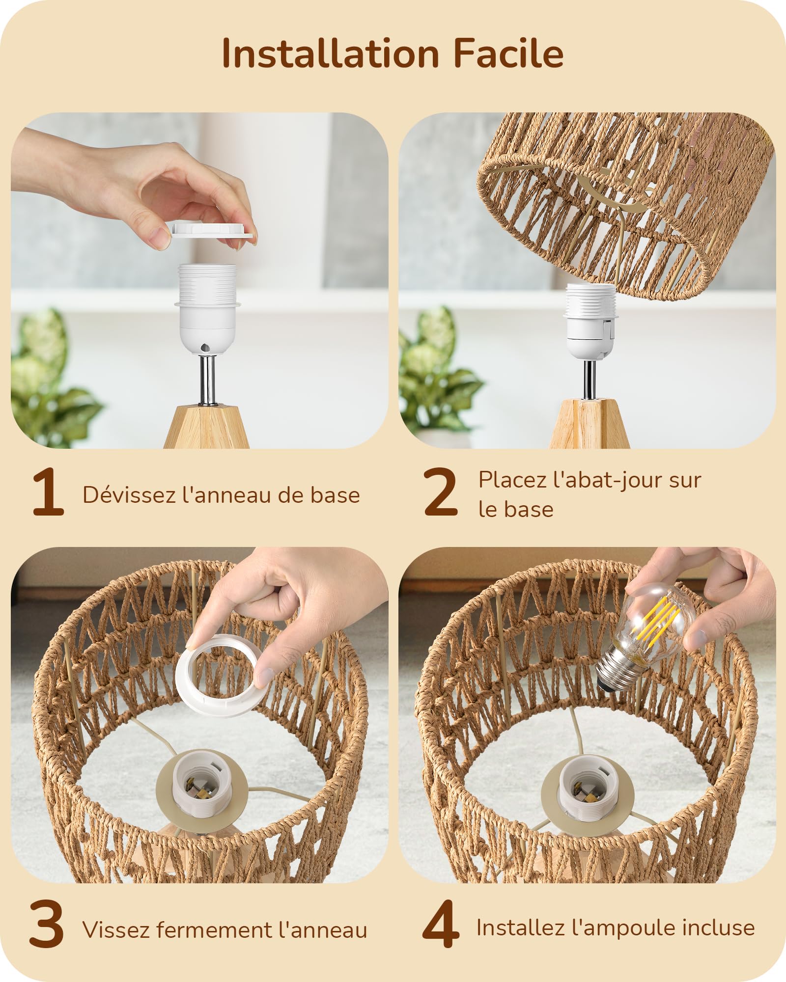 EDISHINE Lampe de Chevet Trépied en Bois Massif, E27 Ampoule de 2700K 4W Incluse, Abat-jour en Corde Tissée à la Main, 20 x 20 x 36 cm, Lampe de Table Moderne pour Chambre, Salon, Hôtel