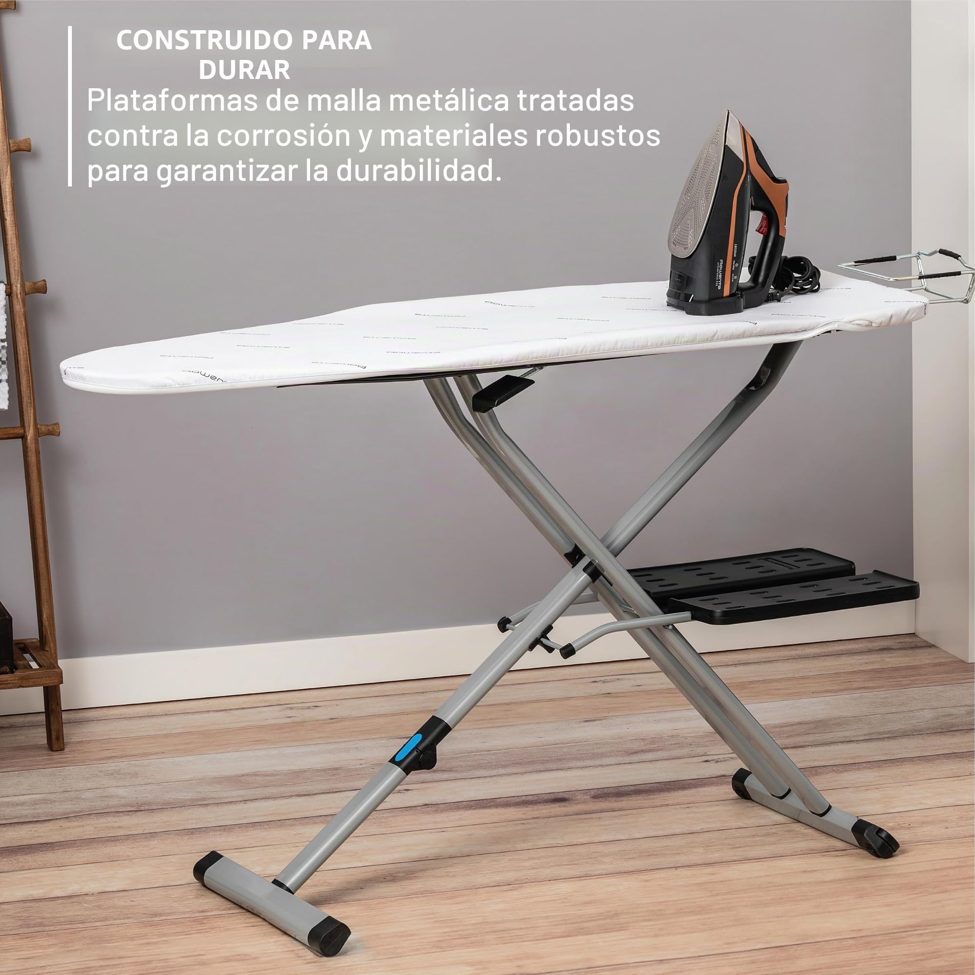 Rowenta IB9100 Pro - Tabla de Planchar Plegable Profesional compacta para Ahorrar Espacio, 4 Patas con estantes para Colgar y Funda de algodón, 18 54 Pulgadas, Beige, Metal, 18 x 54 Pulgadas