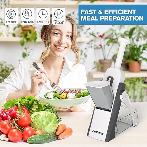 Miniatura 7 de Jinshome Cortador de mandolina para cocina y picador de verduras seguro 5 en 1 y cortador de mandolina ajustable para cocinar y preparar comidas.