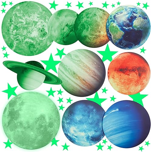 Brillan en la oscuridad, estrellas, planetas y luna llena grande, calcomanías de pared brillantes del sistema solar, 9 calcomanías de techo