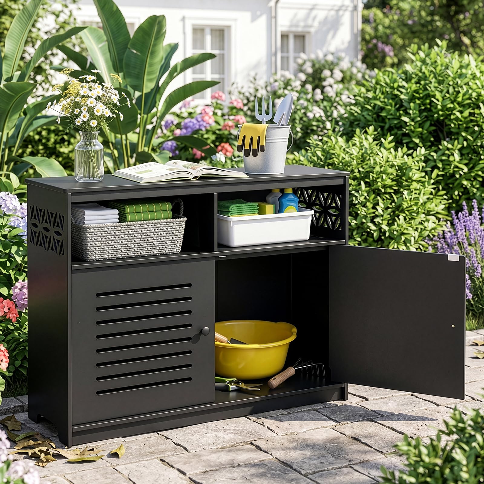 Gartenschrank mit Staufächern, Gartenschrank wetterfest Outdoor, 107 x 39 x 80 cm, Hochwertiges PVC-Material, Leicht zu pflegen und zu reinigen, Schwarz