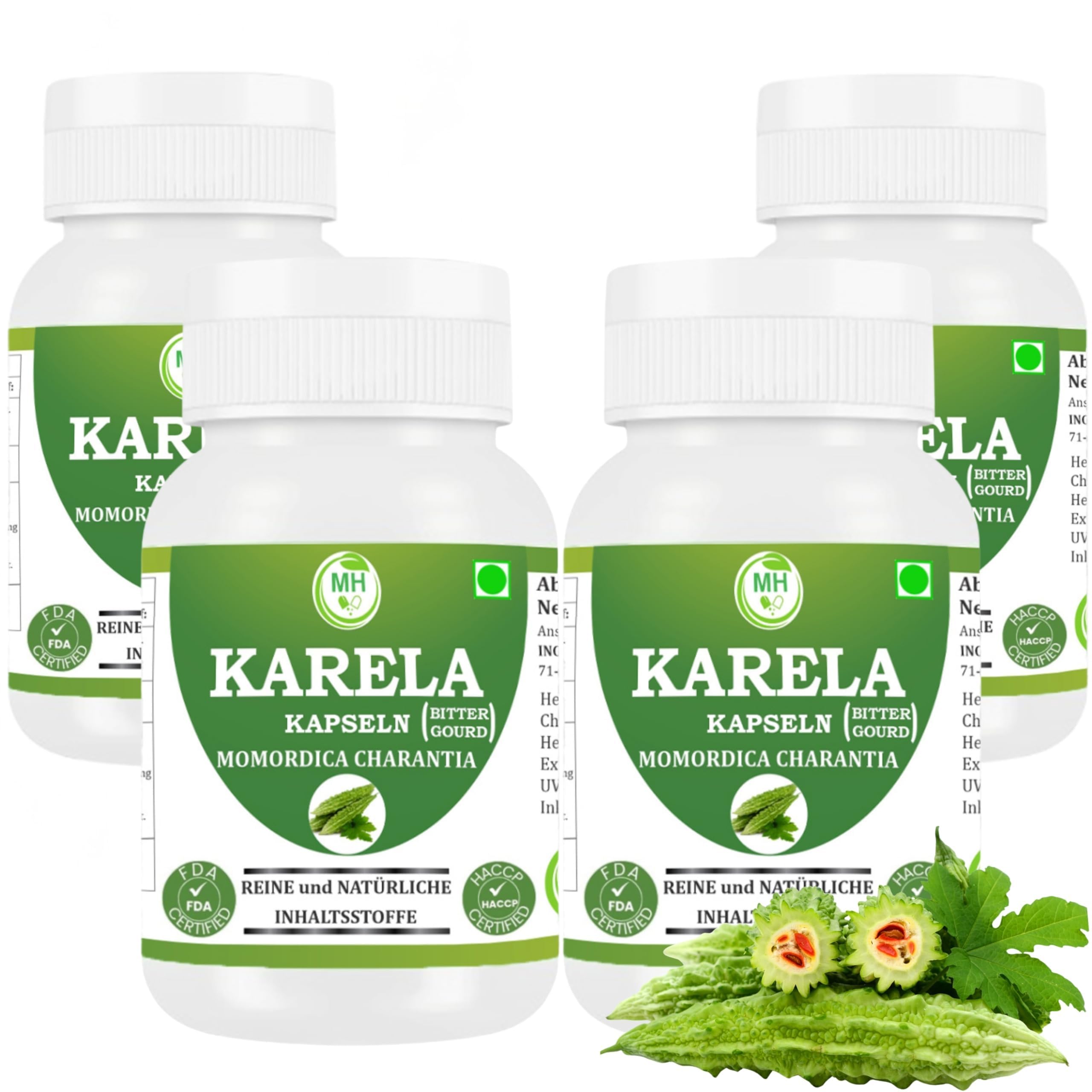 Karela-Kapseln – 500 mg | 240 vegetarische Kapseln x 4 Flaschen | Reiner Momordica charantia-Extrakt | Ayurvedisches Kräuterpräparat | Pflanzlich und glutenfrei