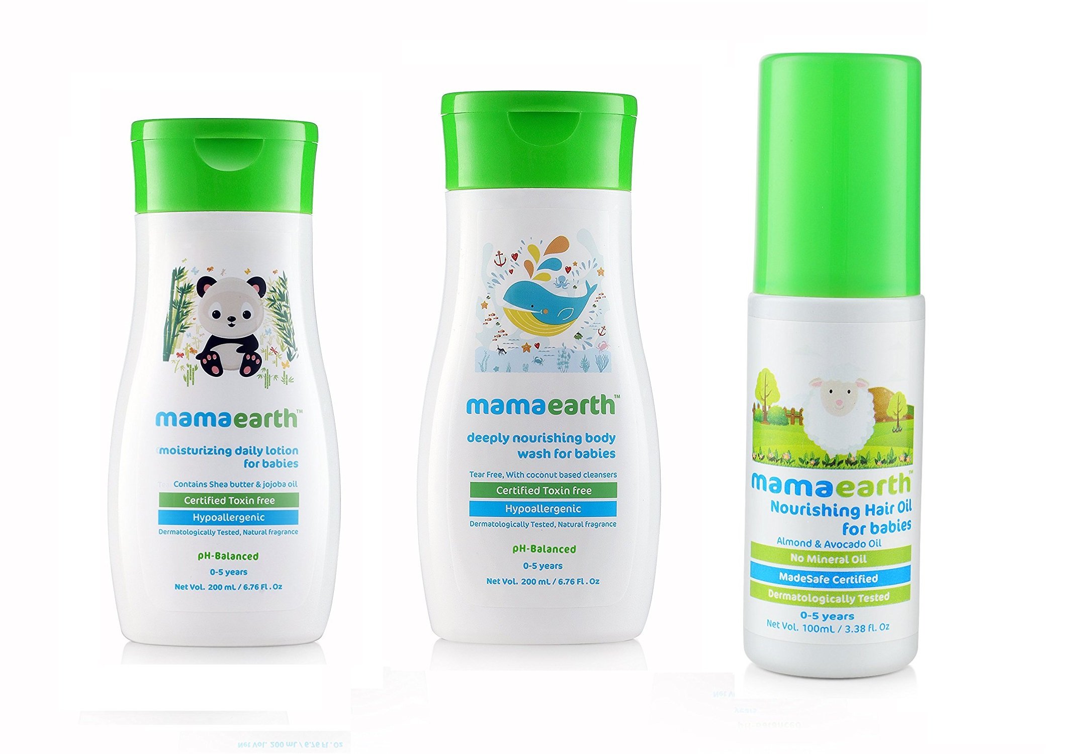 MAMAEARTHHoli Gift Pack for Baby Nourishing Baby Hair Oil + Daily Moisturizing Lotion + Deeply Nourishing Body Wash (Combo Pack of 3)