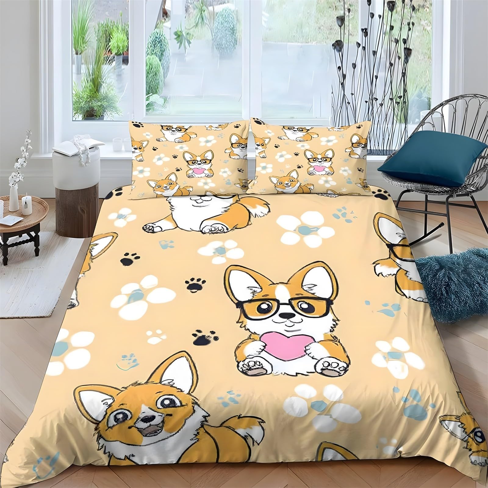 Ypthriline Super King Duvets Set Corgi Bedding Set Microfiber Yellow Duvet Covers with Pillowcases Reversible Bedding With Zipper Closure 260x220CM