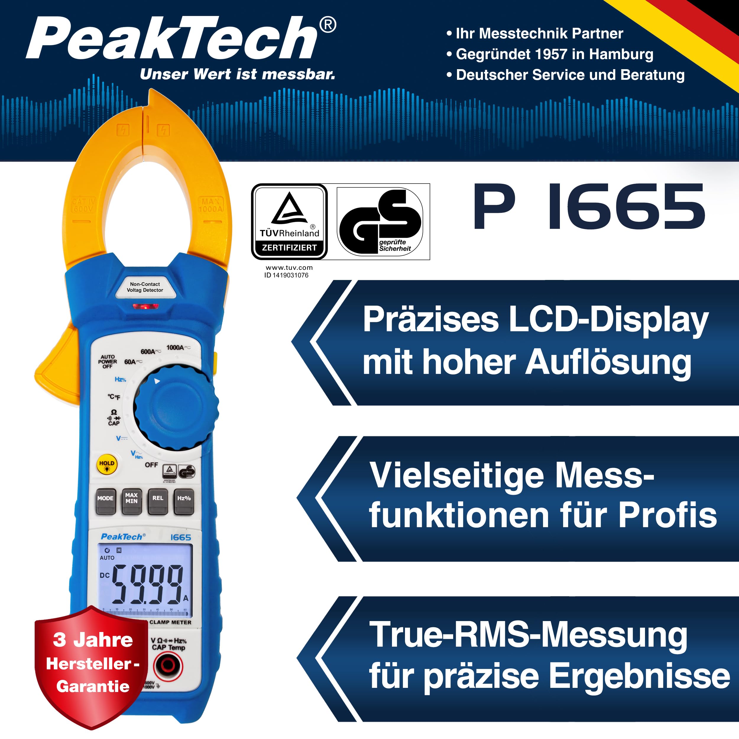 PeakTech 1665 – szczypce prądowe True RMS 1000 A AC/DC z lampą LED, 6000 odcinków, cyfrowy multimetr, miernik szczypiec, miernik prądu, miernik natężenia prądu, próbnik przelotowy – maks. 1000 V
