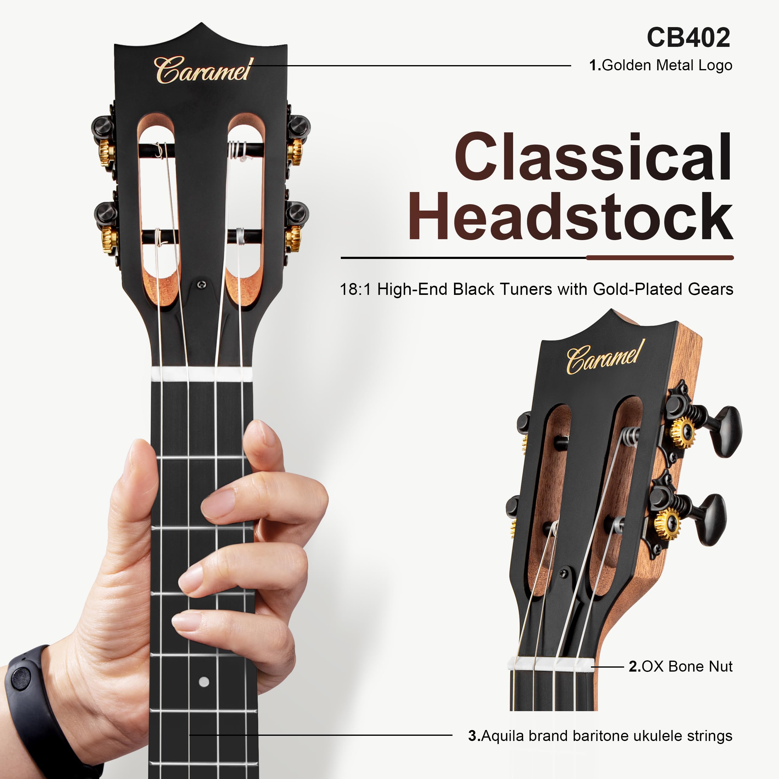 Caramel CB402 - Ukelele eléctrico barítono de madera de caoba maciza de 76 cm, kit de instrumentos de ukelele profesional de madera hawaiana pequeña para principiantes, paquete de iniciación, bolsa de