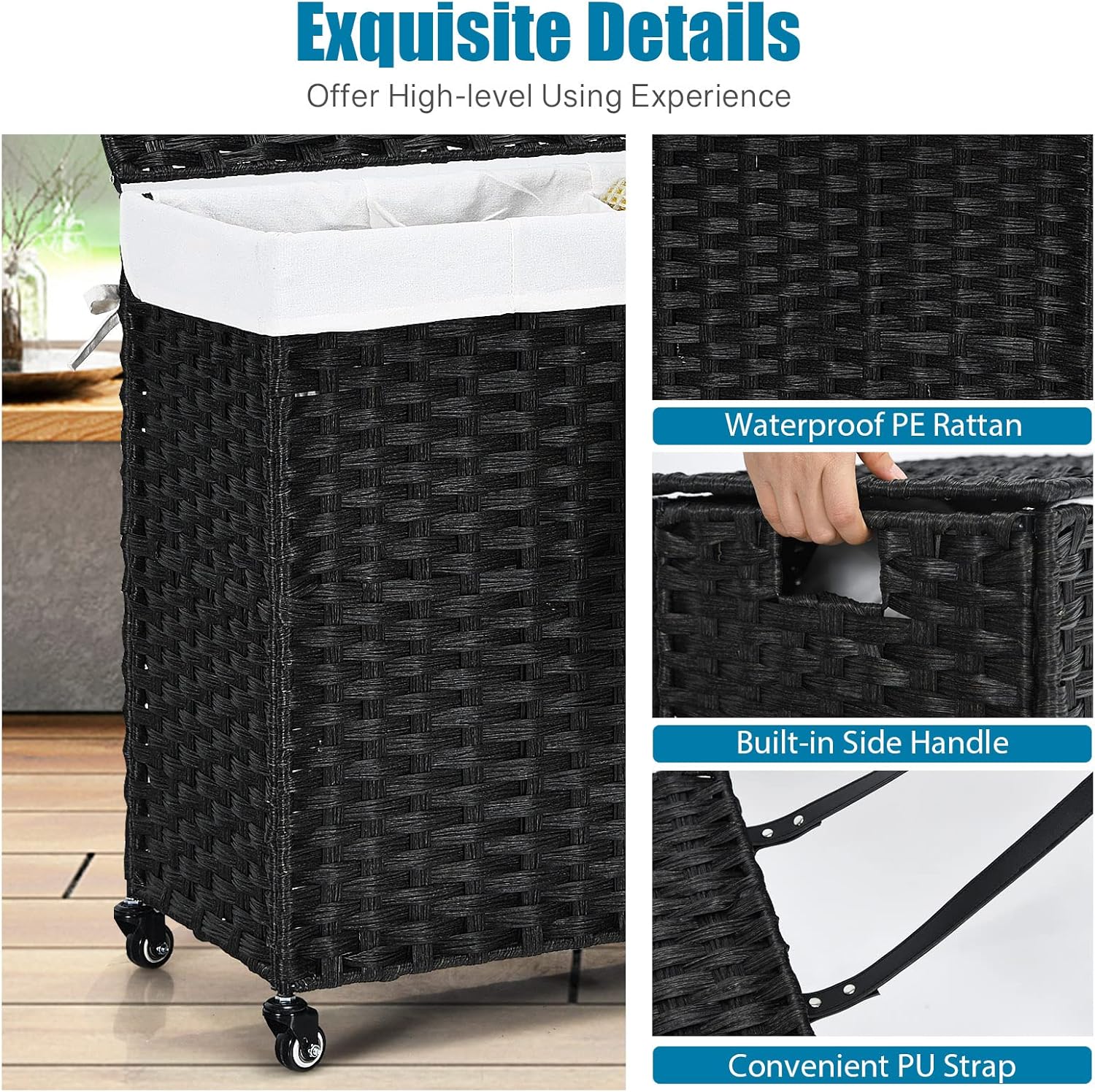 GOFLAME Laundry Hamper with Lid and Wheels, 125L Hand Woven Rattan Laundry Basket with 3 Divided Sections, Handles, 2 Removable and Washable Liner Bags, Dirty Clothes Hamper for Bedroom (Black)