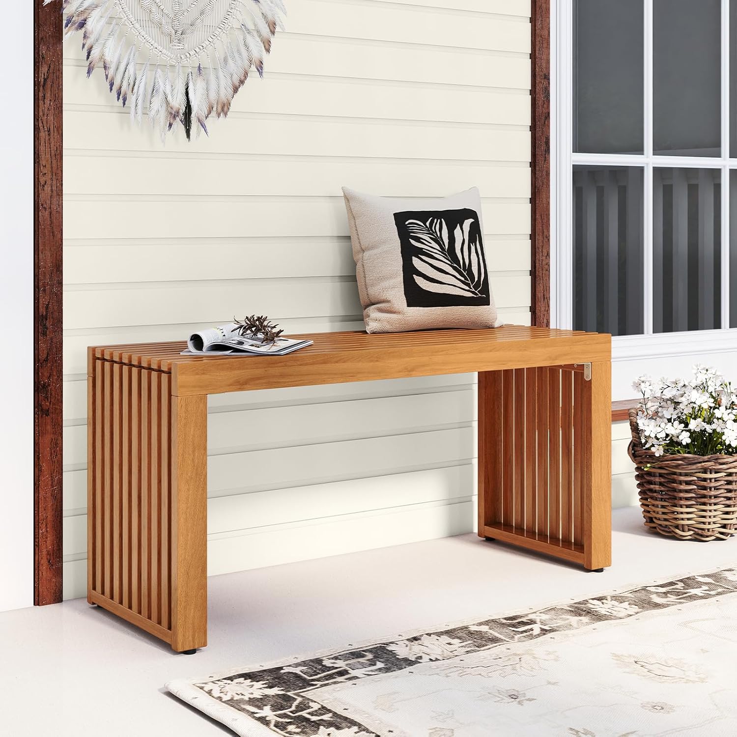 RELAX4LIFE 2-Person Wooden Outdoor Bench - 36’’ Acacia Wood Backless Patio Garden Bench w/Slatted Seat, Indoor Outside Dining Loveseat Furniture for Entryway Park Porch, 800LBS Weight Capacity (1)