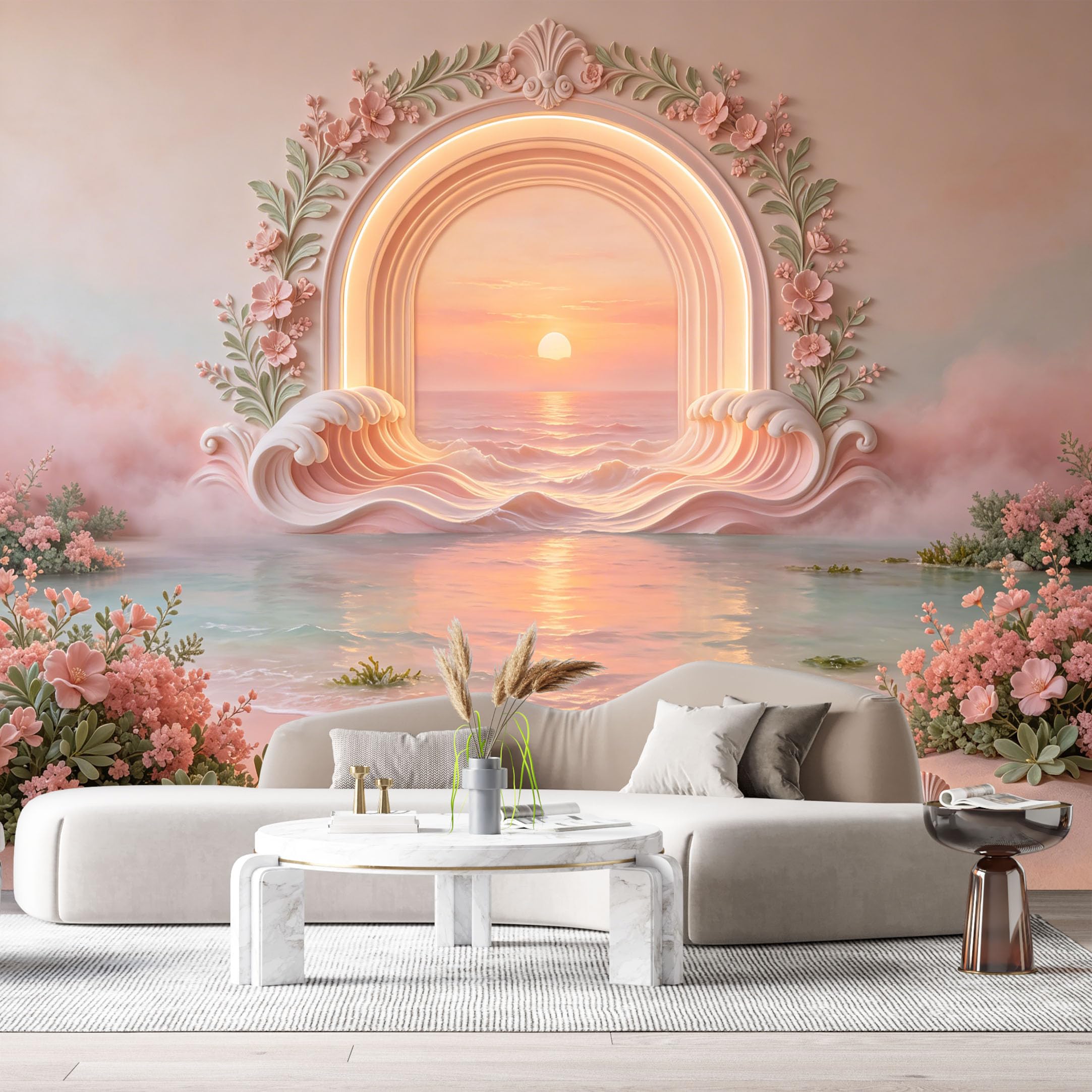 Custom Size Wall Murals Coastal Ocean Sunset Arch Flower 3D Trompe L'Oeil SelfAdhesiveWall Fabric Removable Wallpaper Wall Decor for Living Room Bedroom Bathroom