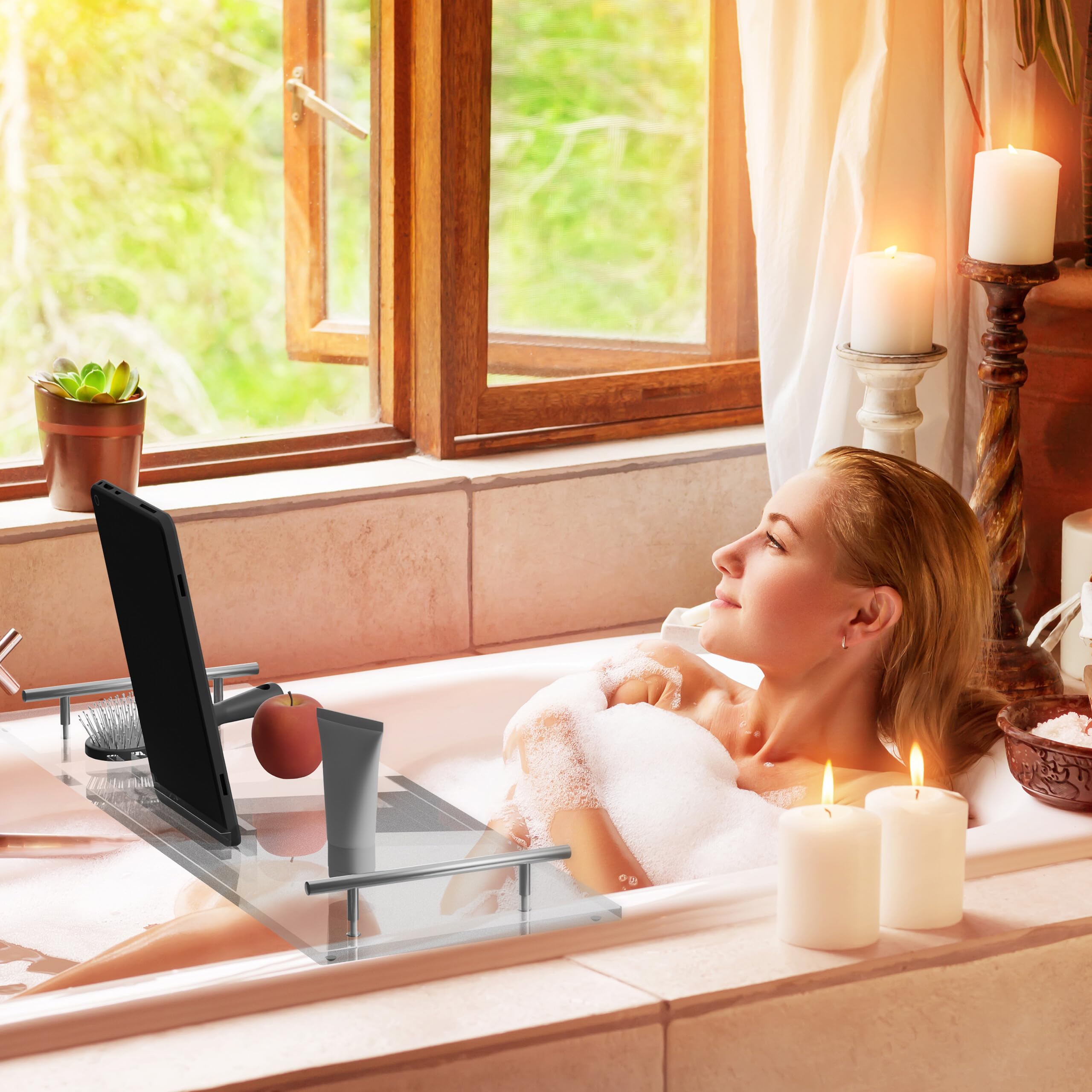 Relaxdays Mensola per Vasca da Bagno, Vassoio in Acrilico, LxP 68x23 cm, Tavola con Supporto per Tablet, Trasparente