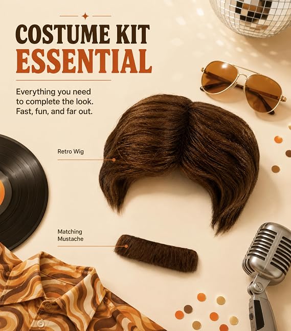 Kangaroo Fake Brown 70s Mens Wig & Mustache Set for 70's Outfits for Men