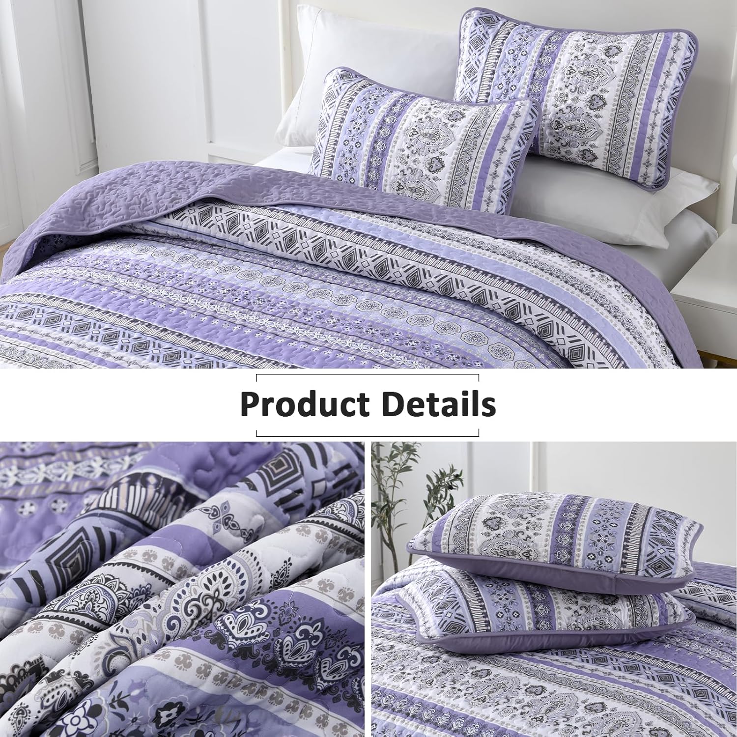 Goodidea Lilac Boho Quilt Set Queen Size, 3 Piece Light Purple Bohemian Striped Bedspread Coverlet Set with 2 Pillow Cases Lightweight Soft Microfiber Bedding Set for All Seasons (96"x90") - Image 4