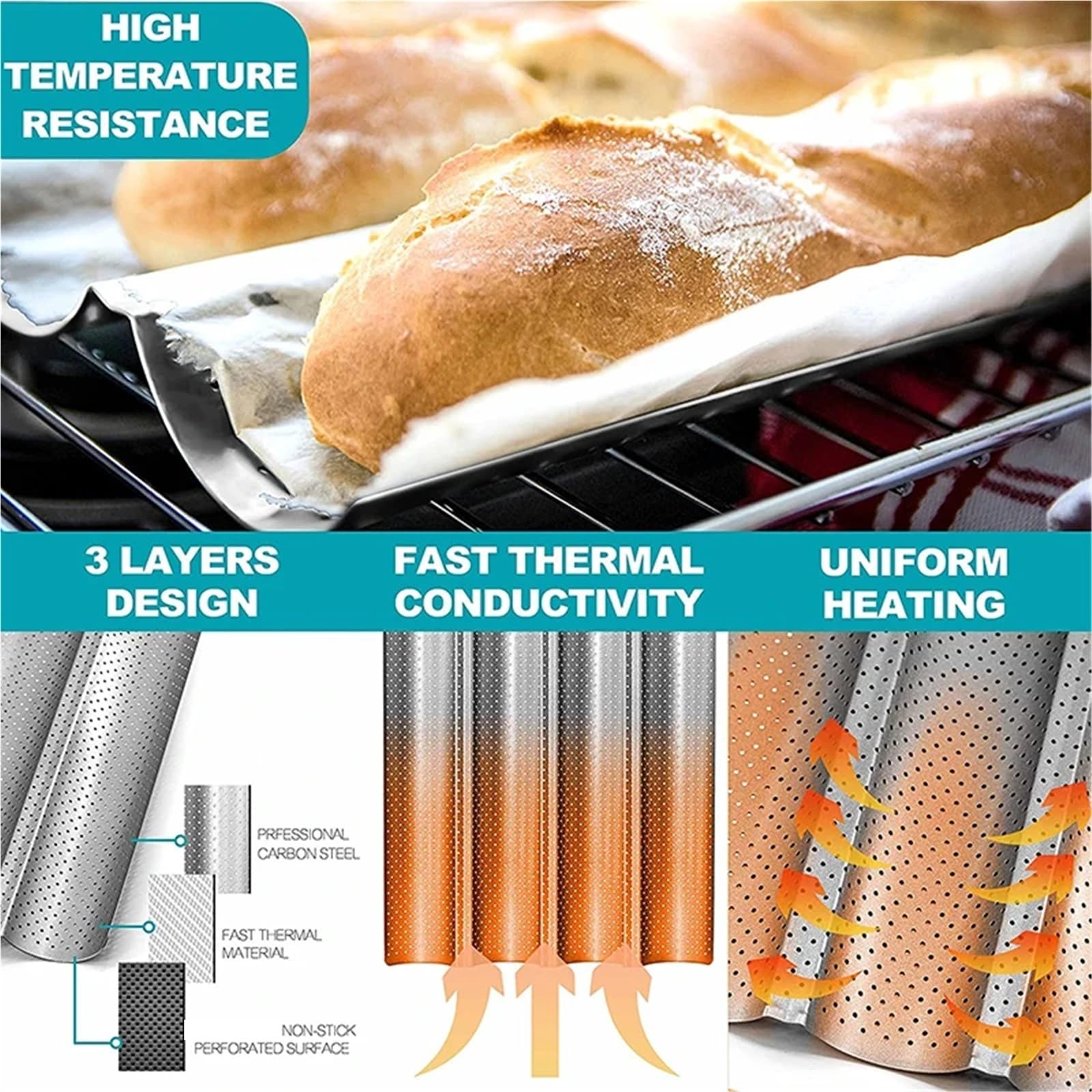 Molde antiadherente perforado for hornear pan francés, de acero al carbono, for baguettes 4 ondas, bandeja cocina(Silver 3)