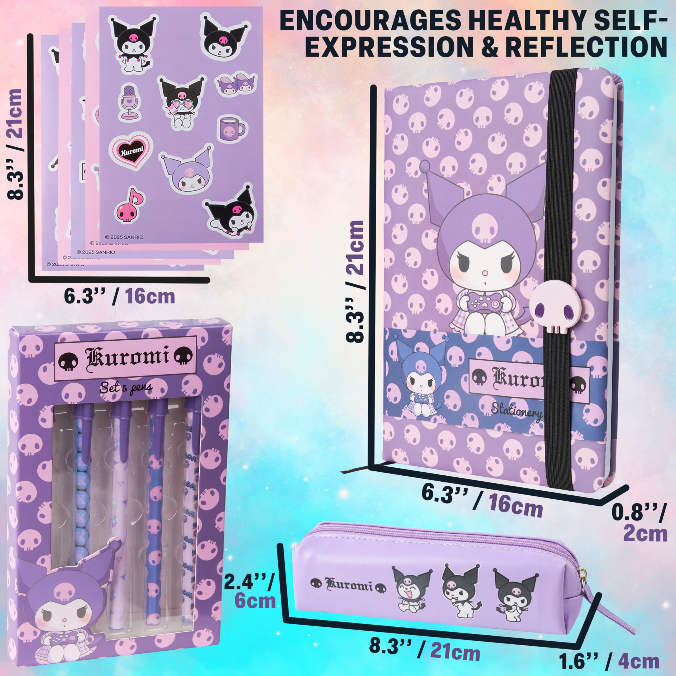 Get Trend Hello Kitty Sanrio Kuromi Schreibwaren Set mit Notizbuch A5 Blanko Kugelschreiber Federmäppchen Sticker Schule Zubehör Anime Geschenk (Lila Kuromi)