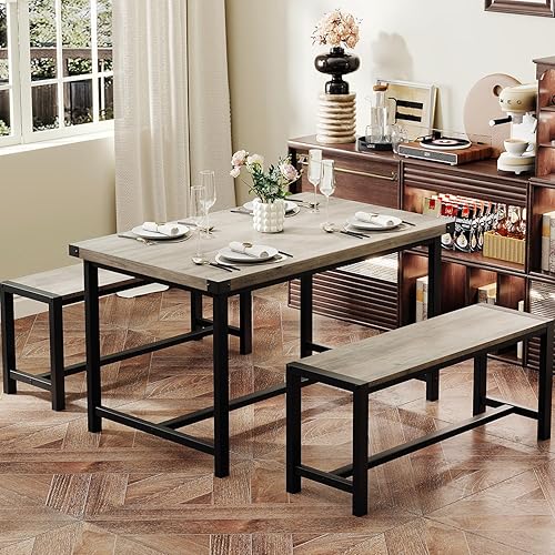Garvee Dining Table Set for 4, Kitchen Table with Benches, 3 Piece Rectangular Dining Room Set with 2 Wooden Benches for Small Space, Apartment, Studio, Home, Rustic Gray